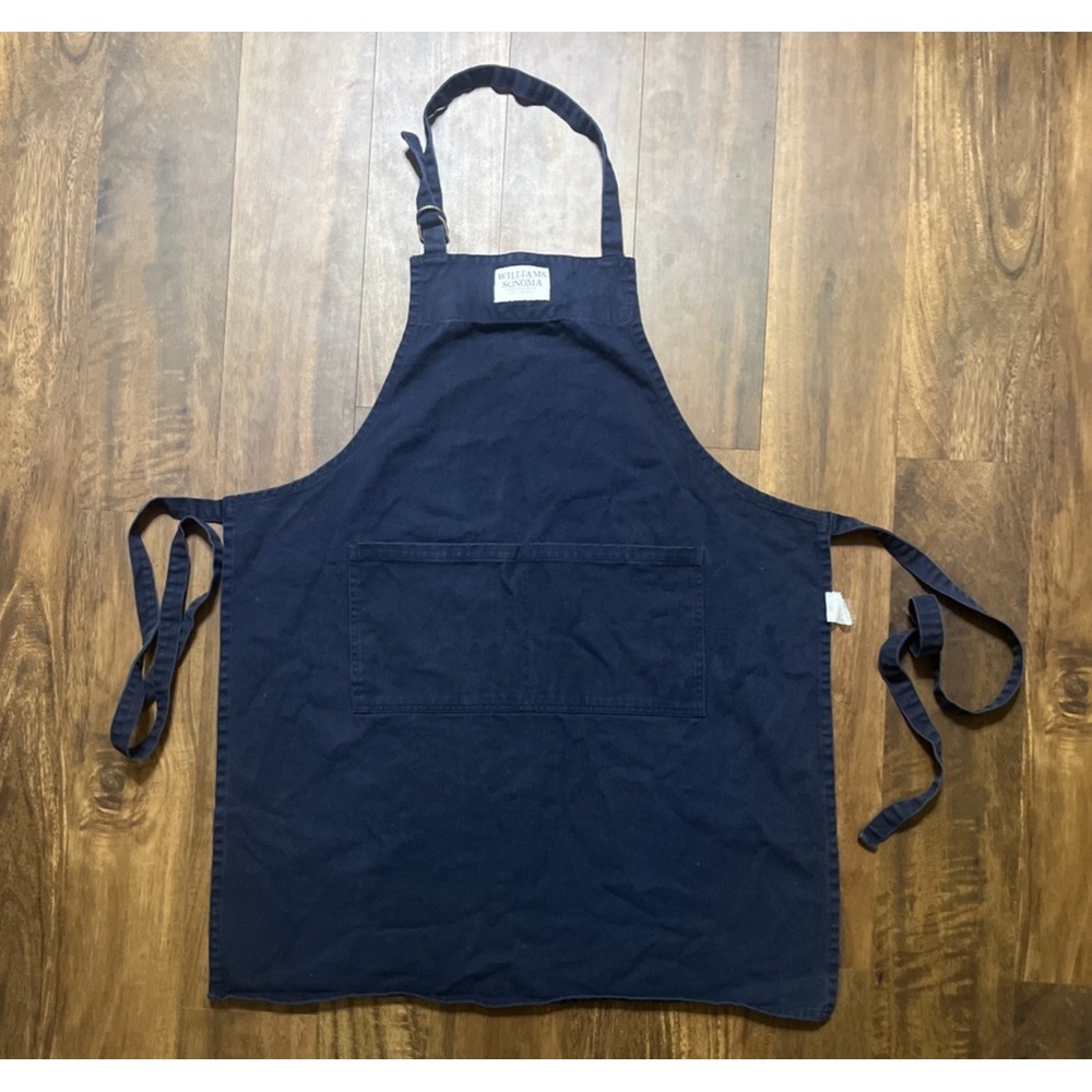 William Sonoma Navy Blue Bib Apron 100% Cotton Made In USA With Pockets